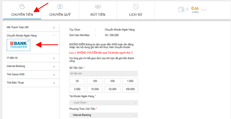 chuyển khoản ngân hàng w88