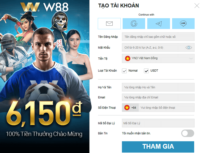 form đăng ký tài khoản w88