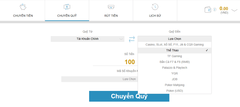 thực hiện chuyển quỹ w88